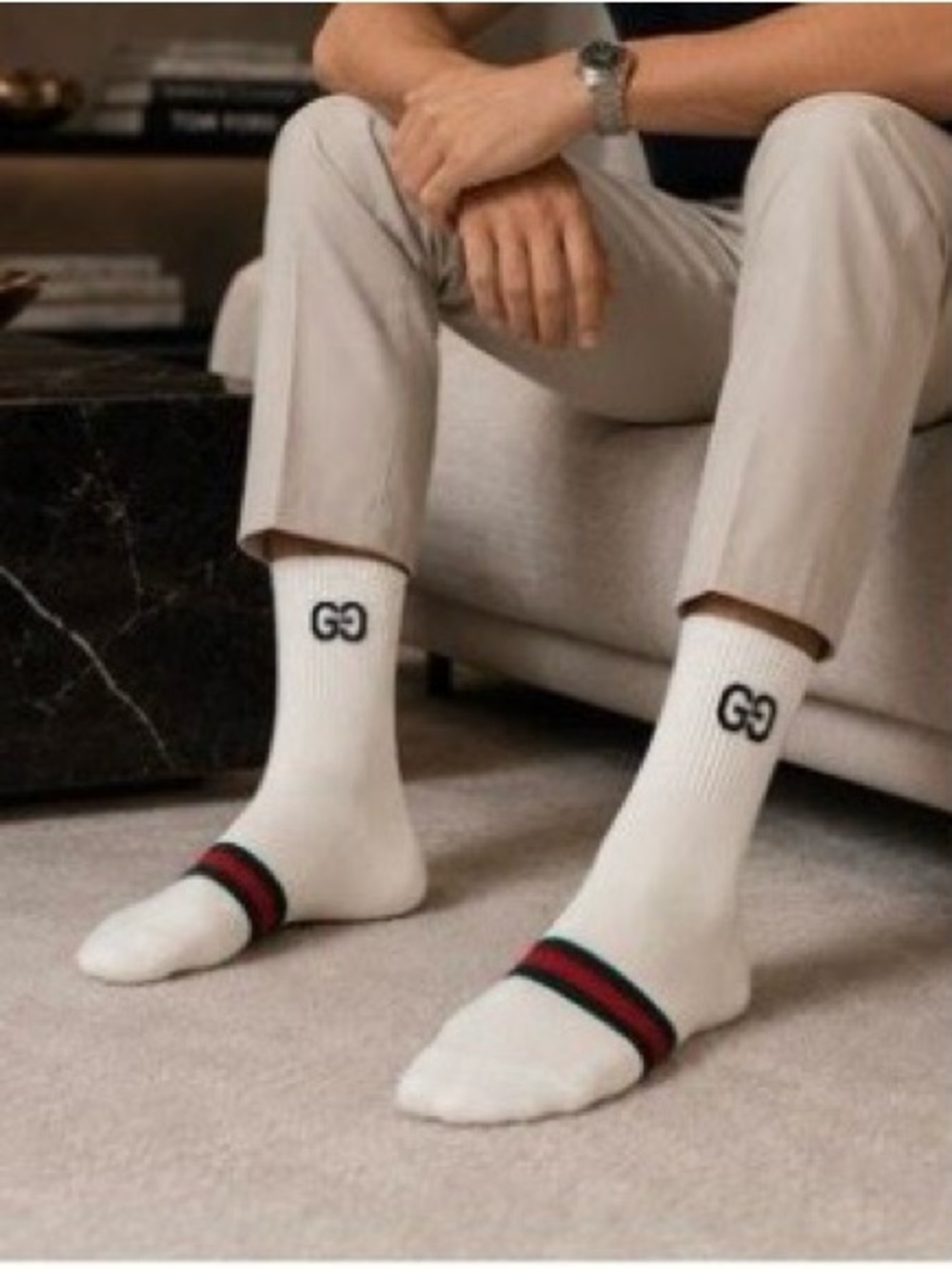 Gucci White Crew Socks with Red & Green Stripe and Black GG